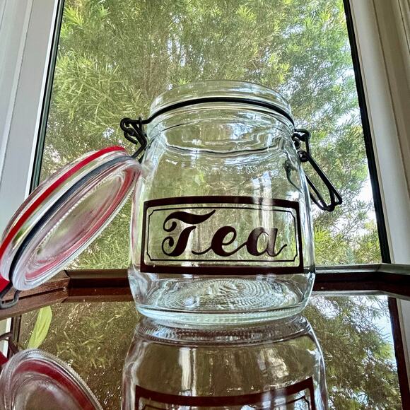Vintage Glass Tea Jar with Clamp Lid – 6.25” Tall Teabag Storage Canister - Picture 7 of 14